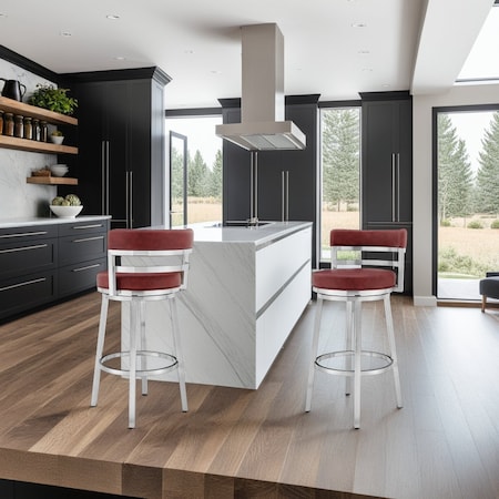 Armen Living Madrid 26" Counter Height Swivel Red Faux Leather and Brushed Stainless Steel Bar Stool LCMABABSRED26